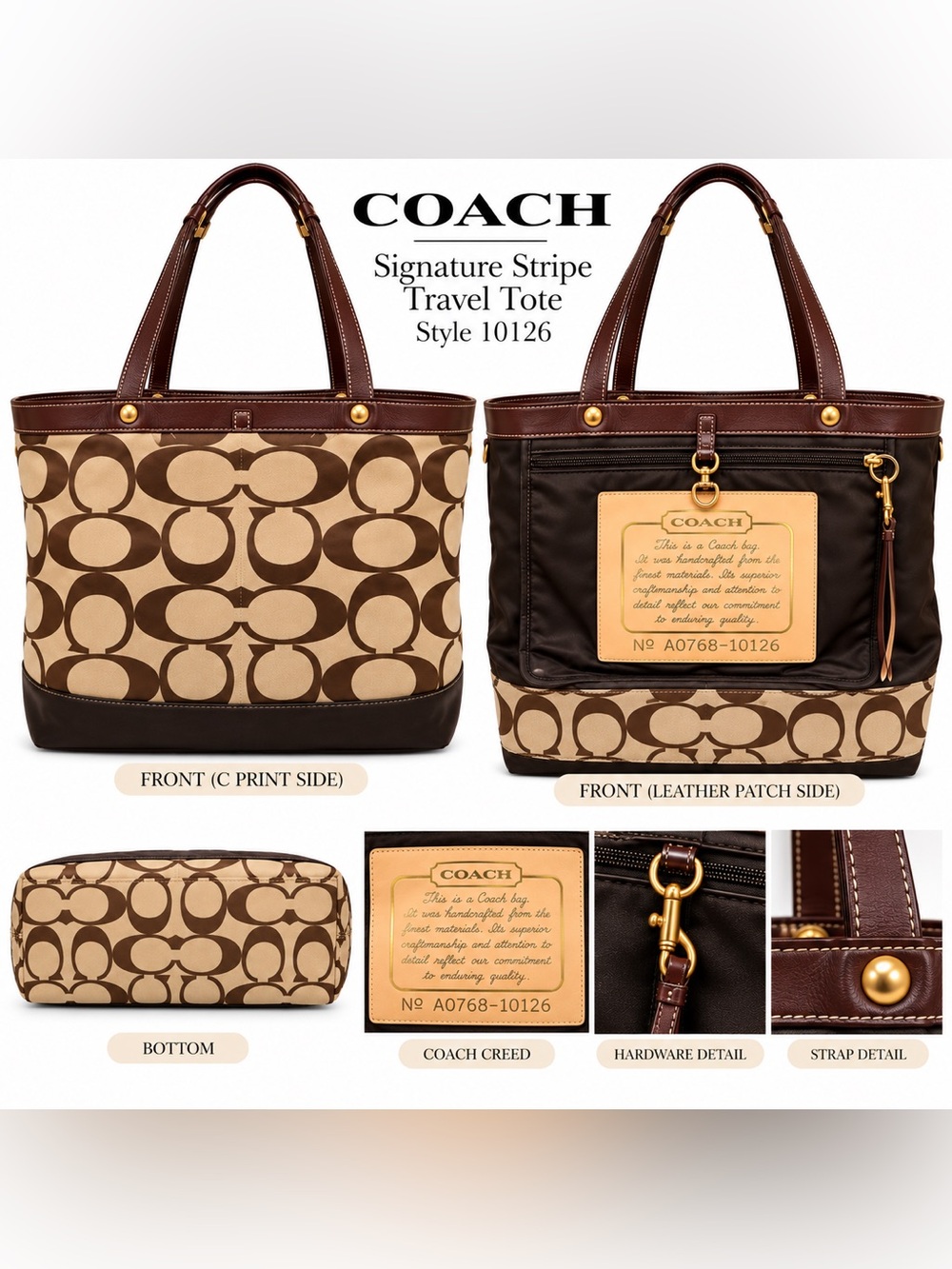 COACH Signature Stripe XL Travel Tote Brown Vintage Y2K Reversible Bag #112